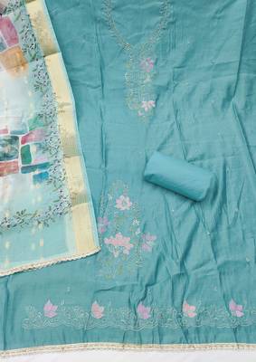 Turquoise cotton silk embroidered unstitched dress material 3
