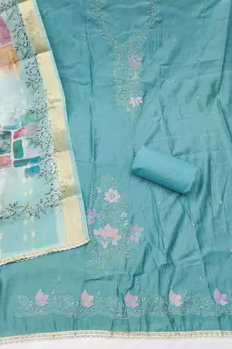 Turquoise cotton silk embroidered unstitched dress material