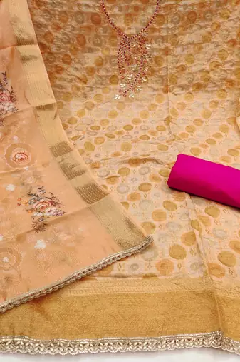 Peach premium jacquard embellished unstitched dress material