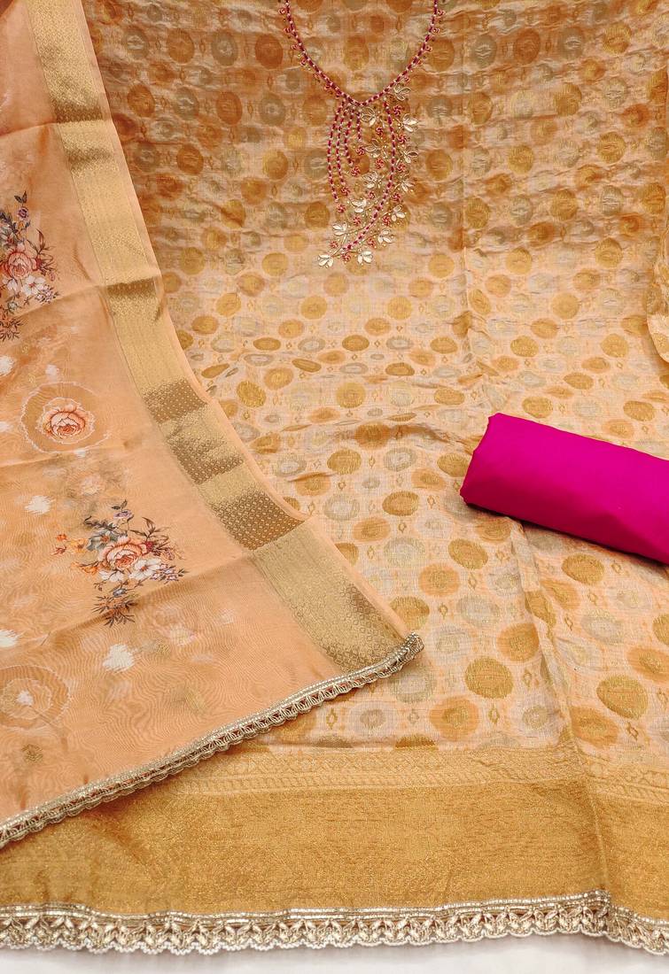 Peach premium jacquard embellished unstitched dress material