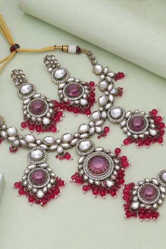 Rani color kundan necklace set