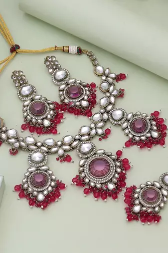 Rani color kundan necklace set