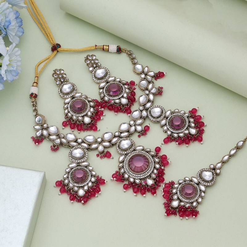 Rani color kundan necklace set