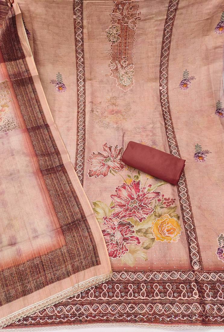 Maroon cotton silk embellished unstitched dress material