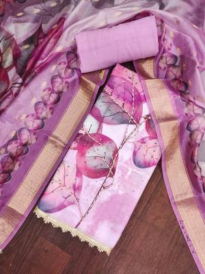 Lavender rayon cotton printed unstitched dress material 1
