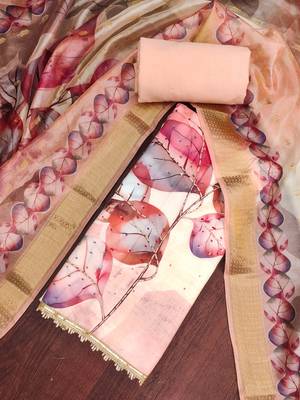 Peach rayon cotton printed unstitched dress material 1