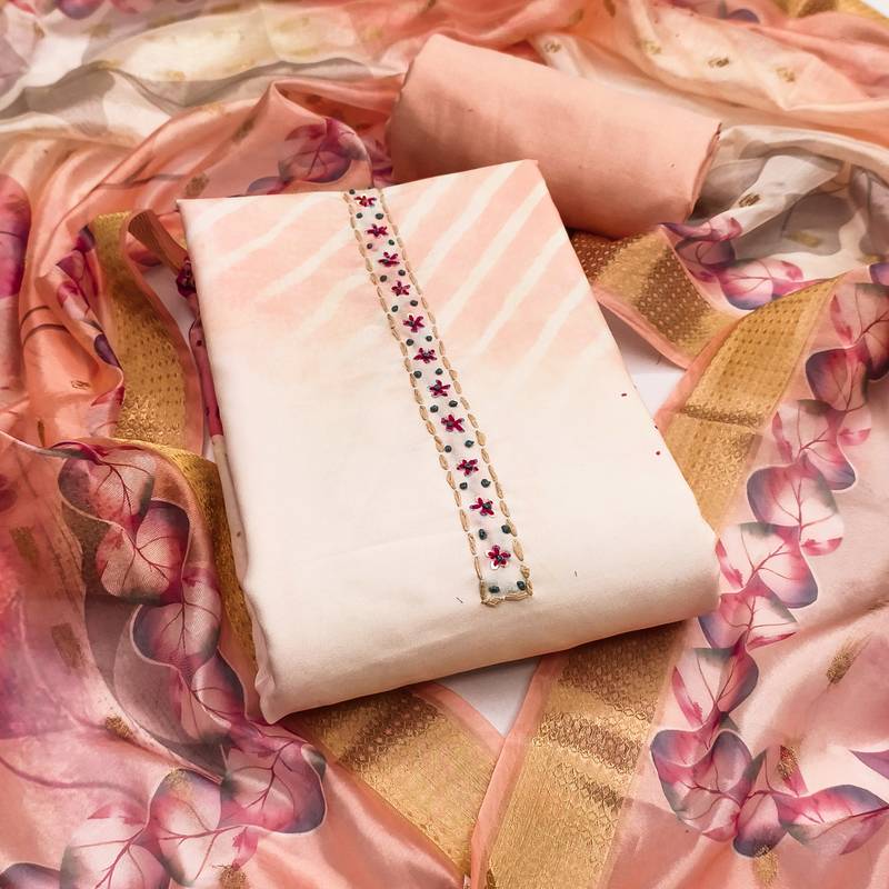 Peach rayon cotton printed unstitched dress material