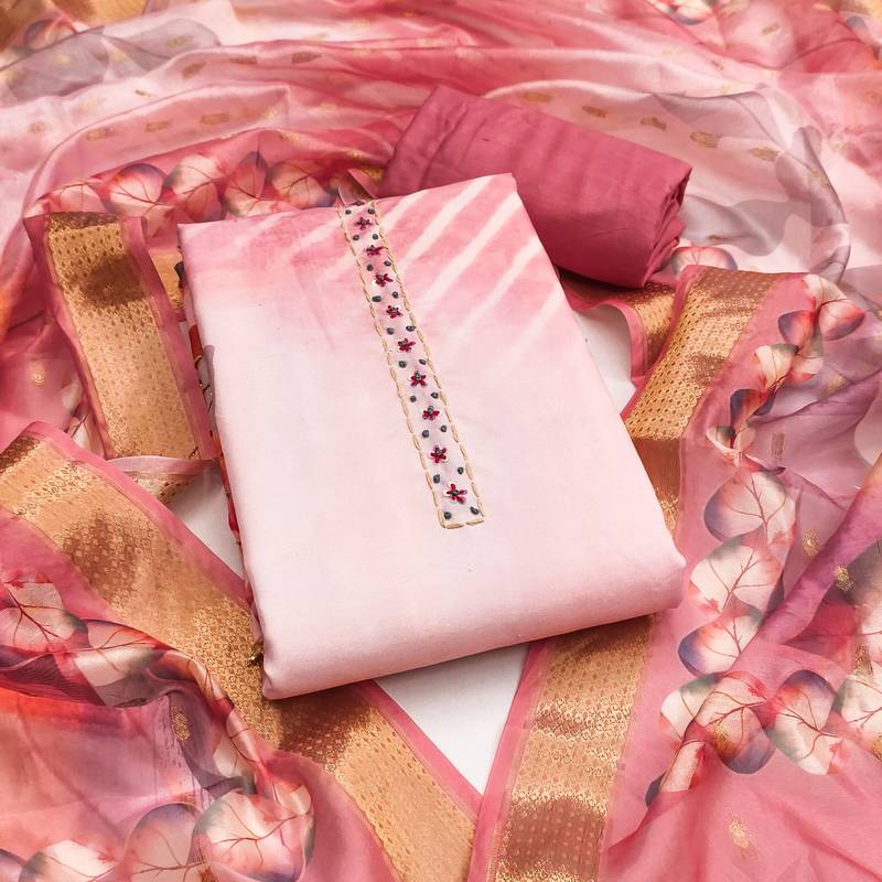 Pink rayon cotton printed unstitched dress material