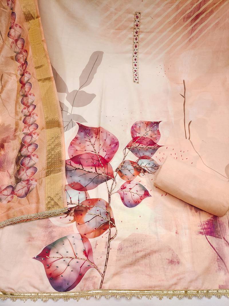 Peach rayon cotton printed unstitched dress material