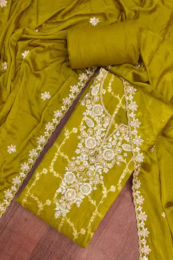 Mehendi cotton silk embellished unstitched dress material