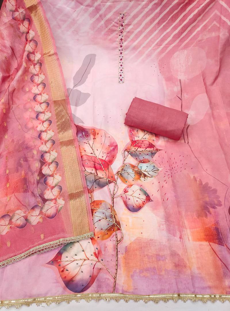 Pink rayon cotton printed unstitched dress material