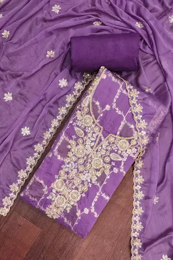 Purple cotton silk embellished unstitched dress material