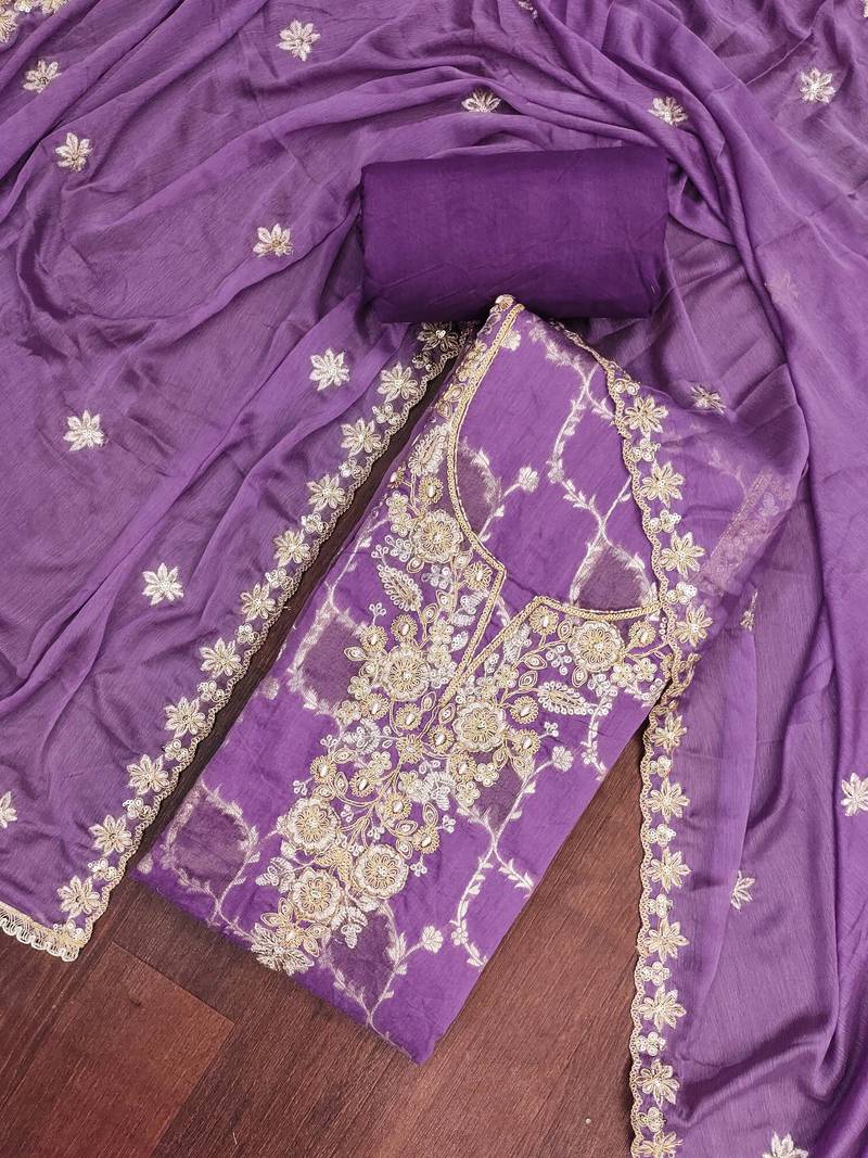 Purple cotton silk embellished unstitched dress material