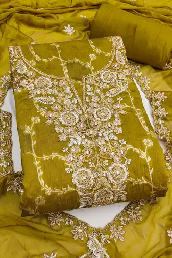 Mehendi cotton silk embellished unstitched dress material