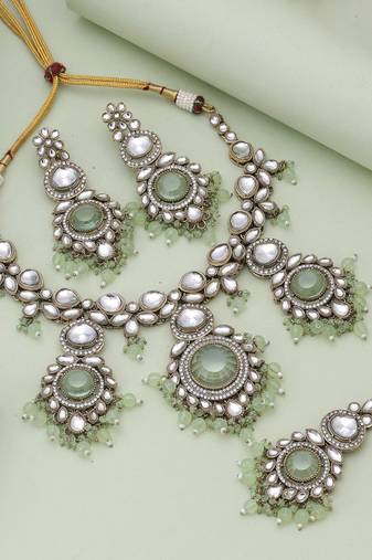 Pista green color kundan necklace set