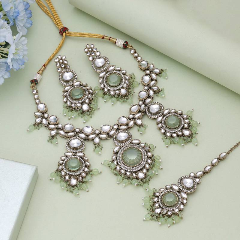 Pista green color kundan necklace set