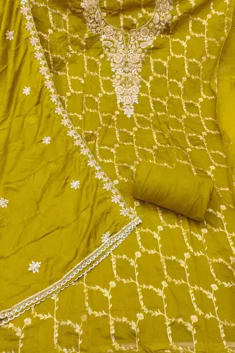 Mehendi cotton silk embellished unstitched dress material