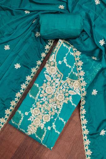 Turquoise cotton silk embellished unstitched dress material