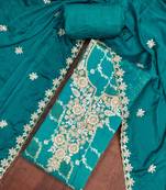 Turquoise cotton silk embellished unstitched dress material