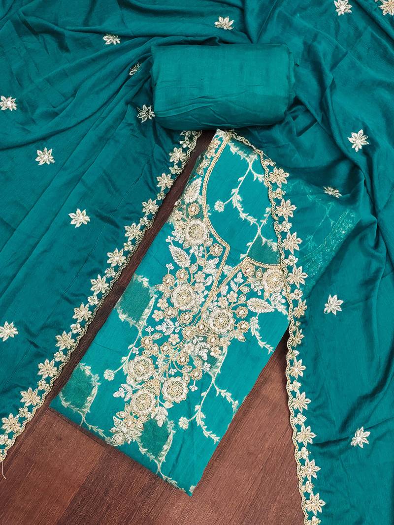 Turquoise cotton silk embellished unstitched dress material
