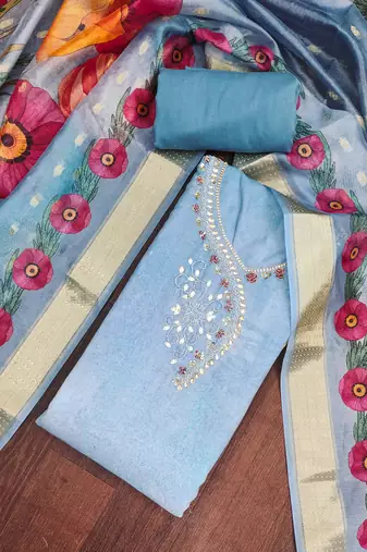 Blue rayon cotton embellished unstitched dress material