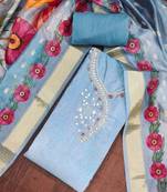 Blue rayon cotton embellished unstitched dress material