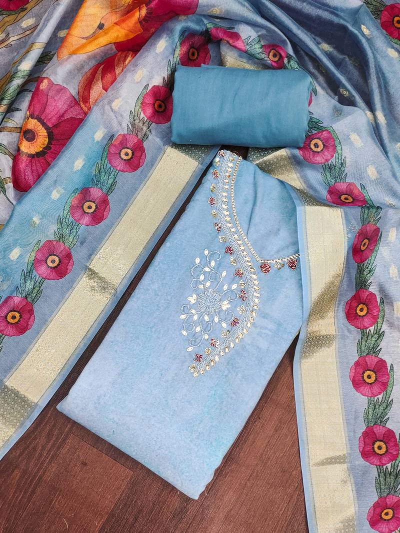 Blue rayon cotton embellished unstitched dress material