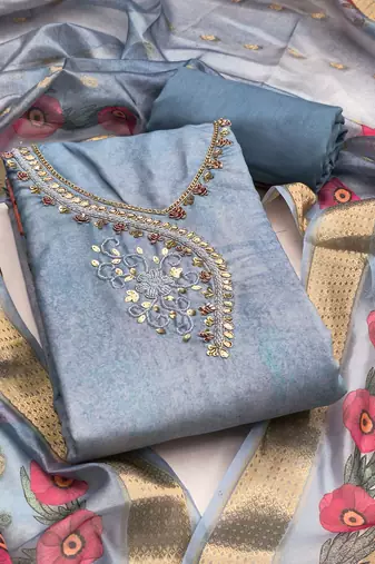 Blue rayon cotton embellished unstitched dress material
