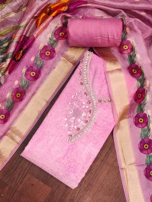 Pink rayon cotton embellished unstitched dress material 1