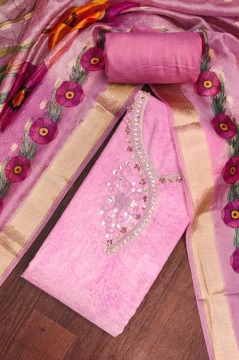 Pink rayon cotton embellished unstitched dress material