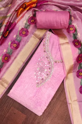 Pink rayon cotton embellished unstitched dress material