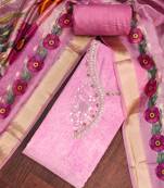 Pink rayon cotton embellished unstitched dress material