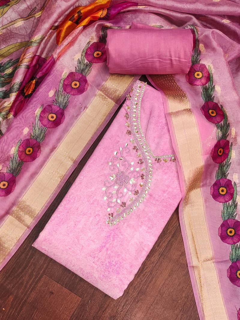 Pink rayon cotton embellished unstitched dress material