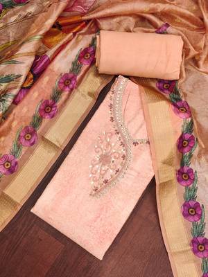 Peach rayon cotton embellished unstitched dress material 1
