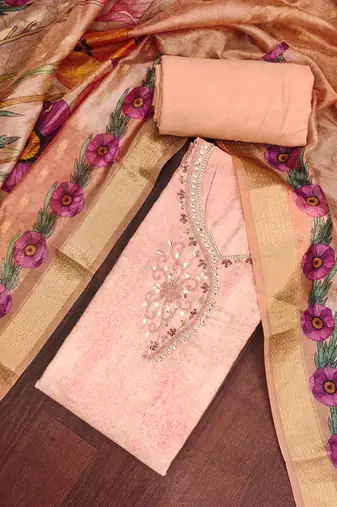 Peach rayon cotton embellished unstitched dress material