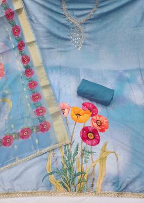 Blue rayon cotton embellished unstitched dress material 3