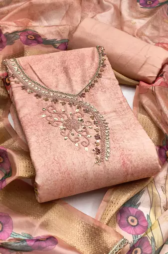 Peach rayon cotton embellished unstitched dress material