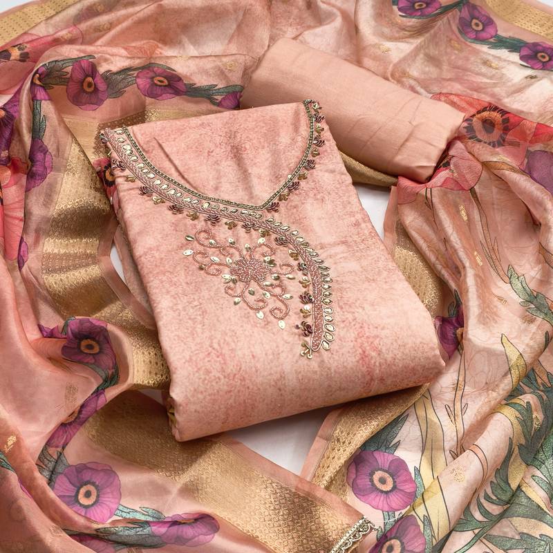 Peach rayon cotton embellished unstitched dress material