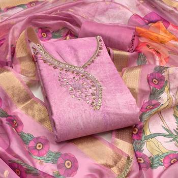 Pink rayon cotton embellished unstitched dress material 2