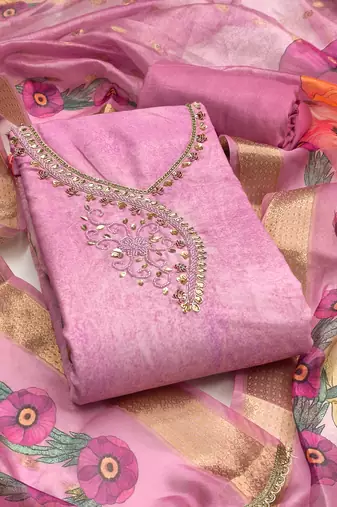 Pink rayon cotton embellished unstitched dress material