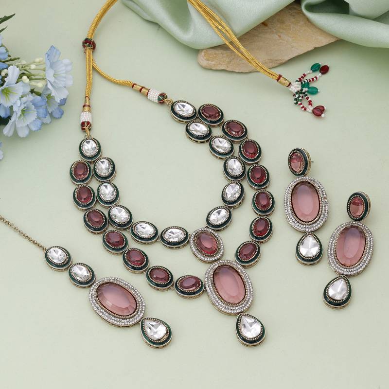 Magenta color kundan necklace set