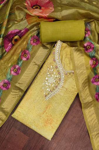 Mehendi rayon cotton embellished unstitched dress material