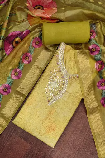 Mehendi rayon cotton embellished unstitched dress material