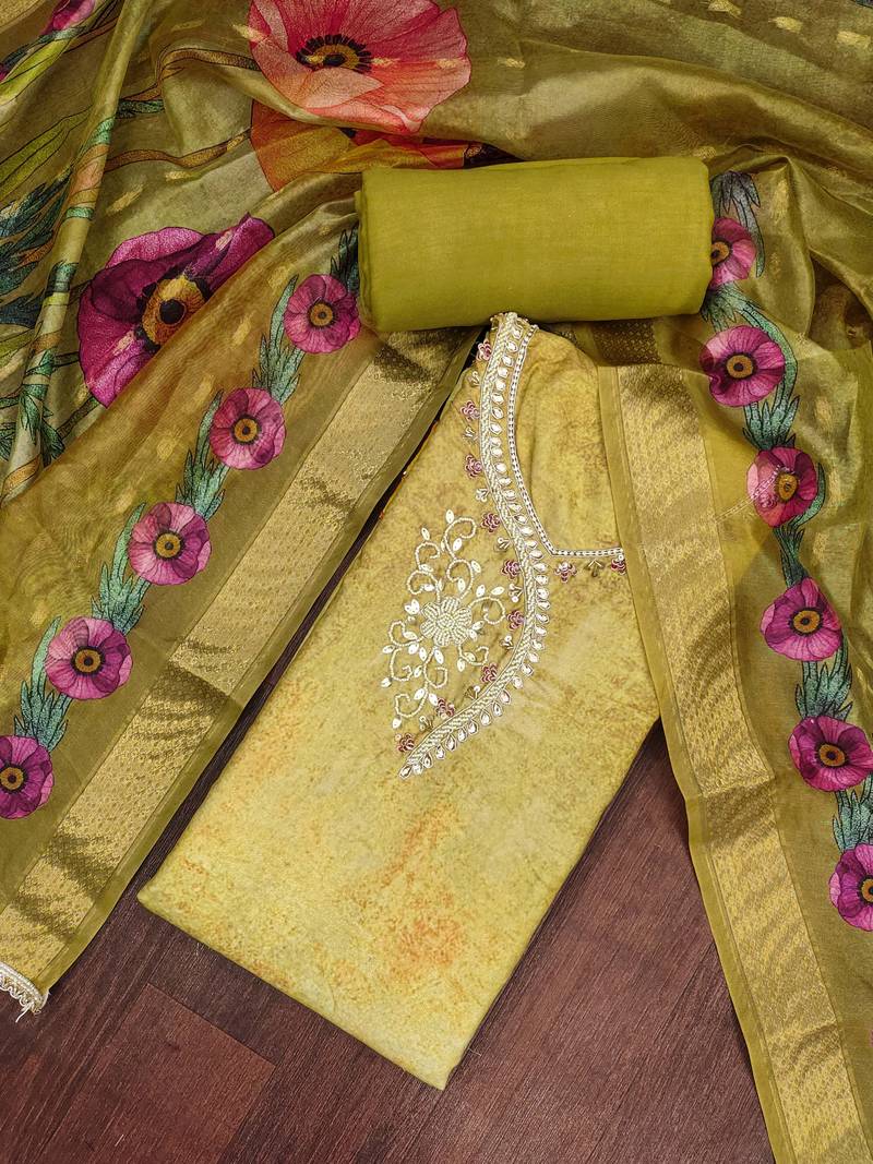 Mehendi rayon cotton embellished unstitched dress material