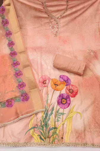 Peach rayon cotton embellished unstitched dress material