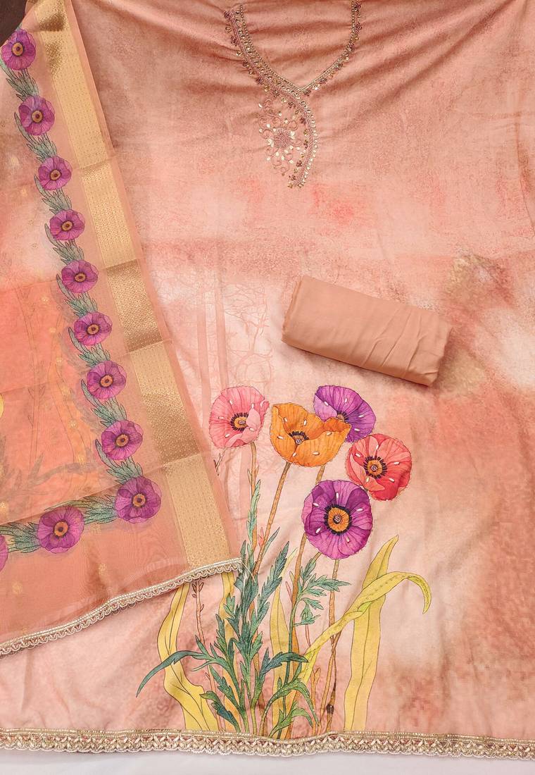 Peach rayon cotton embellished unstitched dress material