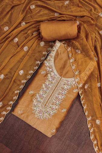 Mustard viscose georgette embroidered unstitched dress material