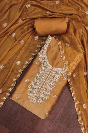 Mustard viscose georgette embroidered unstitched dress material