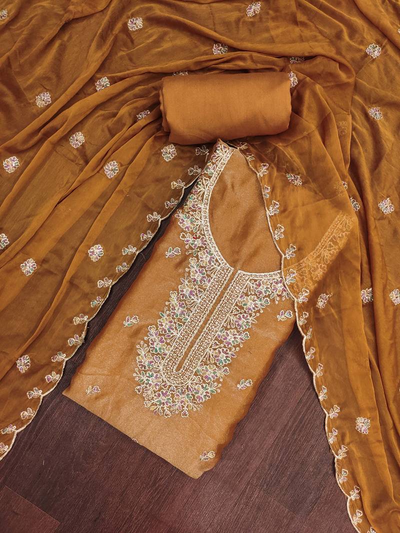 Mustard viscose georgette embroidered unstitched dress material