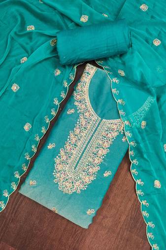 Turquoise viscose georgette embroidered unstitched dress material